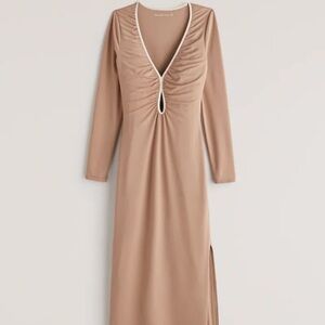 Abercrombie & Fitch Long-Sleeve Keyhole Beige Midi Dress